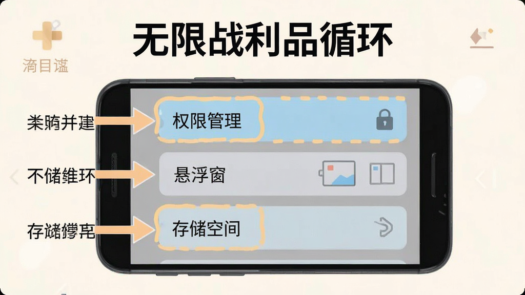 一部安卓手机屏幕显示游戏设置界面,画面中有“权限管理”“悬浮窗”“存储空间”三个设置项被高亮标注,旁边有箭头指示和文字说明,整体风格为扁平化教程插图,布局清晰,色彩柔和,细节干净,画质明亮,无多余元素,画面顶部有“无限战利品循环”标题