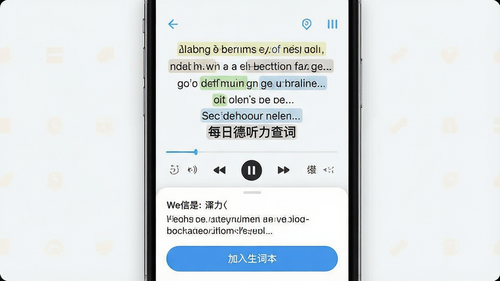 一张展示每日德语听力双语字幕与查词功能的预览图,主体为手机屏幕中显示德语听力播放界面,屏幕中央为德语原文和中文翻译字幕,屏幕下方为单词释义弹窗,布局为竖屏手机展示,排版为字幕在上释义在下,风格为清爽学习类应用界面,细节上包含高亮生词和加入生词本按钮,画质高清干净,无多余元素
