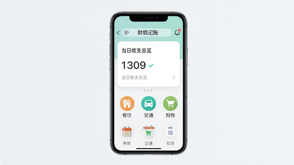 一张手机屏幕展示财鸽记账应用主界面,界面中央是当日收支总览卡片,下方排列餐饮、交通、购物等分类图标,背景为浅色简洁风格,画面干净明亮,主体突出,布局居中,现代扁平化设计,细节清晰,高清画质,无多余元素