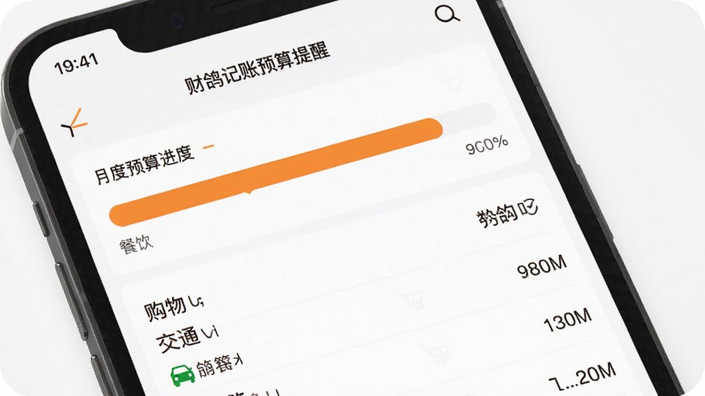 财鸽记账预算提醒功能界面,手机屏幕显示月度预算进度条,进度条为橙色接近满格,下方有餐饮、购物、交通等分类预算明细,界面简洁清晰,主体突出,布局合理,现代UI风格,画质干净,无多余元素