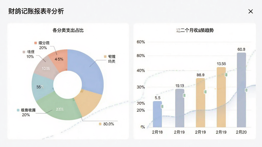 财鸽记账报表分析页面,屏幕中展示饼图和柱状图组合,饼图显示各分类支出占比,柱状图显示近六个月收支趋势,配色柔和,布局上下排列,数据标注清晰,扁平化设计风格,高清画质,无多余元素