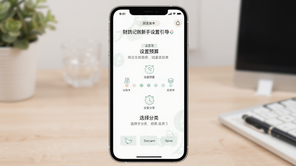 财鸽记账新手设置引导页面,手机屏幕展示创建账本、设置预算、选择分类三个步骤的引导界面,界面中央有步骤指示点,背景为白色,配色淡雅,布局纵向排列,风格简洁友好,细节清晰,画质干净,无多余元素