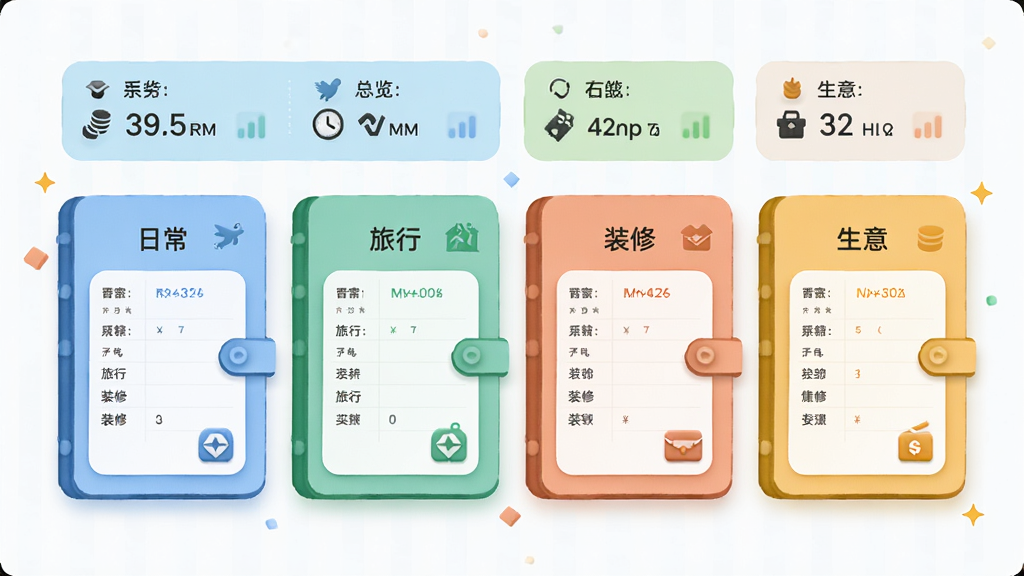 财鸽记账多账本管理功能展示图,画面中排列着四个不同颜色的账本卡片,分别标注日常、旅行、装修、生意,卡片上方有总览数据条,整体风格清新简约,布局整齐,柔和圆角设计,细节丰富,高清画质,无多余元素