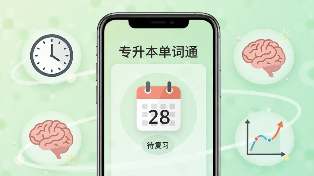 手机屏幕显示“专升本单词通”的复习提醒界面,屏幕中央是一个日历图标和待复习单词数量“28”,手机周围环绕时钟、大脑、记忆曲线等图标元素,背景为淡绿色渐变,风格简洁现代,画质干净,文字“专升本单词通”显示在屏幕上方