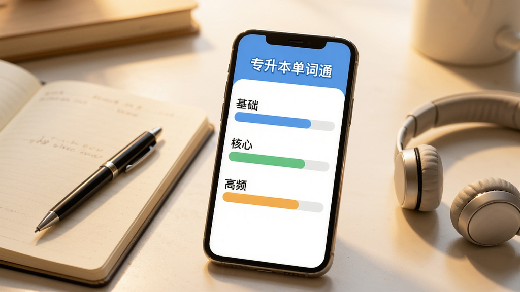 画面中央放置一部手机,手机屏幕显示“专升本单词通”的词汇分层界面,分为基础、核心、高频三个进度条,手机左侧放着一本笔记本和一支笔,右侧放着耳机,背景为书桌场景,光线柔和温暖,风格写实清新,画质清晰,文字“专升本单词通”出现在手机屏幕顶部
