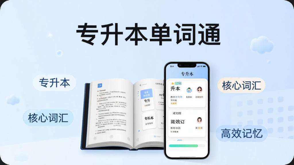 软件名称“专升本单词通”居中显示,背景为淡蓝色渐变,前景是一本翻开的电子单词书和一部智能手机,手机屏幕上显示单词卡片和进度条,周围环绕“专升本”“核心词汇”“高效记忆”等文字标签,整体风格清新简约,适合学习类软件宣传图,画质干净清晰,无多余元素