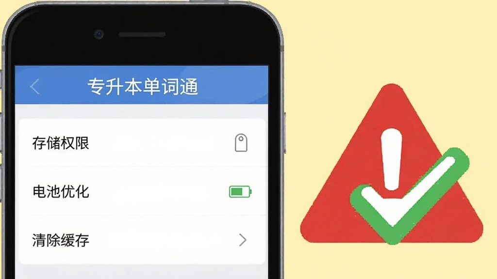 手机屏幕显示“专升本单词通”的设置界面,界面中有“存储权限”“电池优化”“清除缓存”等选项,手机旁边有一个红色的警示标志和绿色的对勾标志,背景为浅黄色,风格扁平化,画质清晰,文字“专升本单词通”显示在屏幕顶部