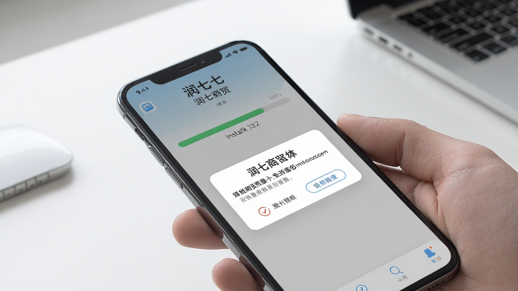 润七商贸手机端操作示意图,画面展示一部手机正在安装润七商贸应用,屏幕显示安装进度条与权限提示弹窗,背景为简洁桌面,风格写实,细节清晰,画质干净,无多余元素