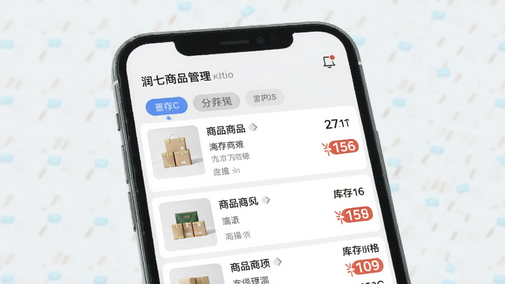 润七商贸商品管理功能界面展示图,手机屏幕中显示商品列表与分类标签,商品条目排列整齐,右侧有库存数字与价格标签,画面采用浅色背景,风格清爽,细节清晰,画质干净