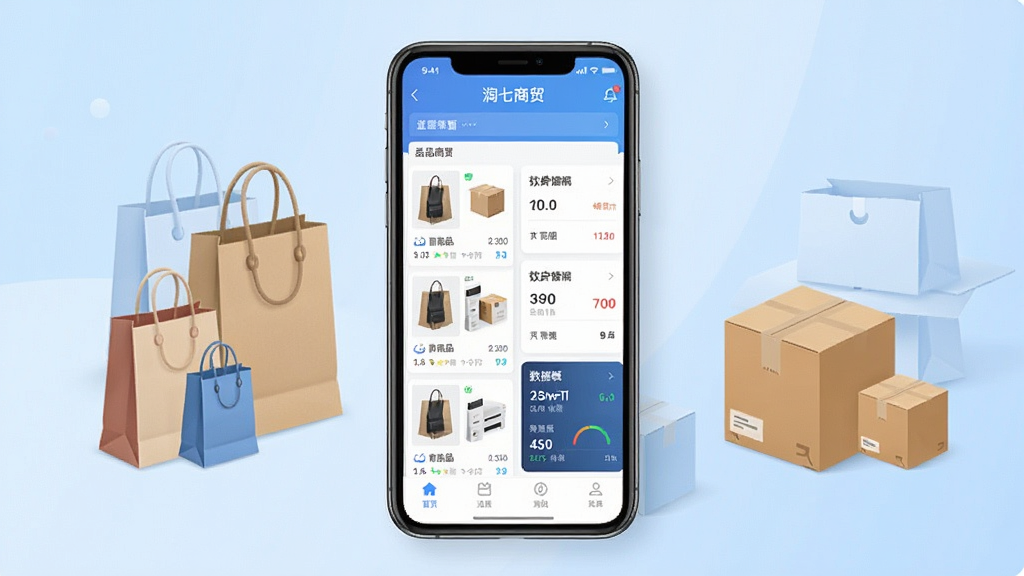 一张展示润七商贸软件主界面的手机应用预览图,画面中央为一部竖屏智能手机,屏幕内显示润七商贸应用首页,包含商品列表、订单卡片、数据概览等模块,布局清晰整齐,背景为浅蓝色渐变,周围点缀少量购物袋与纸箱元素,整体风格简洁商务,画质清晰,干净无多余元素