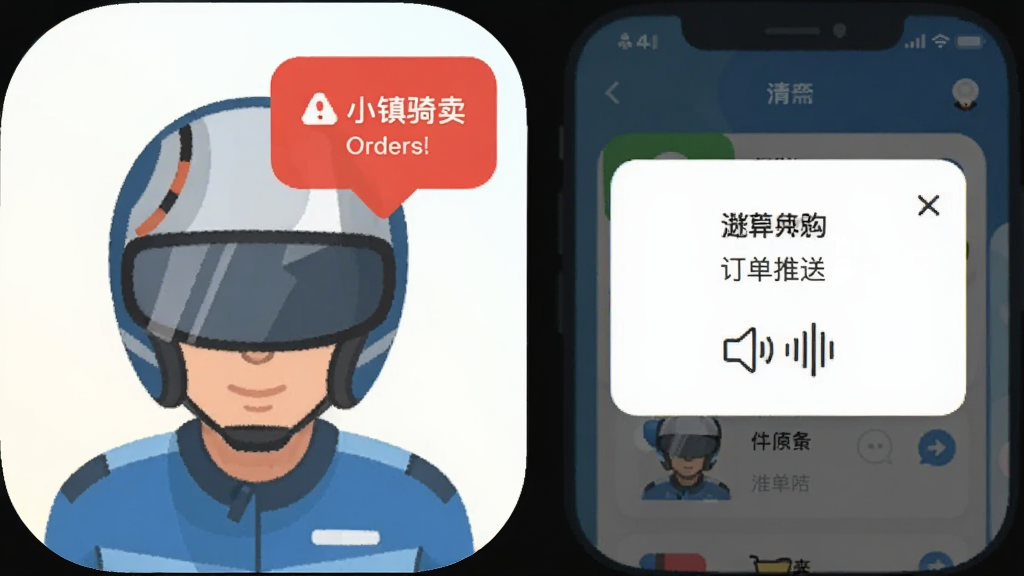 主体为小镇外卖骑士端应用图标与订单推送弹窗界面,布局为图标居左弹窗居右,排版为横向排列,风格为扁平化设计风,细节包括醒目的红色订单提醒气泡和语音播报波纹图标,画质清晰干净无多余元素