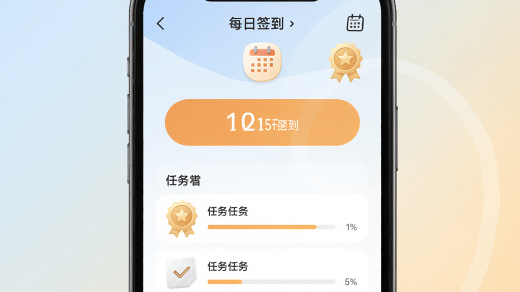 族聊软件签到积分页面展示图,画面主体为手机屏幕特写,屏幕内呈现每日签到按钮、积分数字与任务列表,背景为浅色渐变,风格清新简洁,细节包括日历图标、积分徽章、进度条,画质清晰,干净,无多余元素