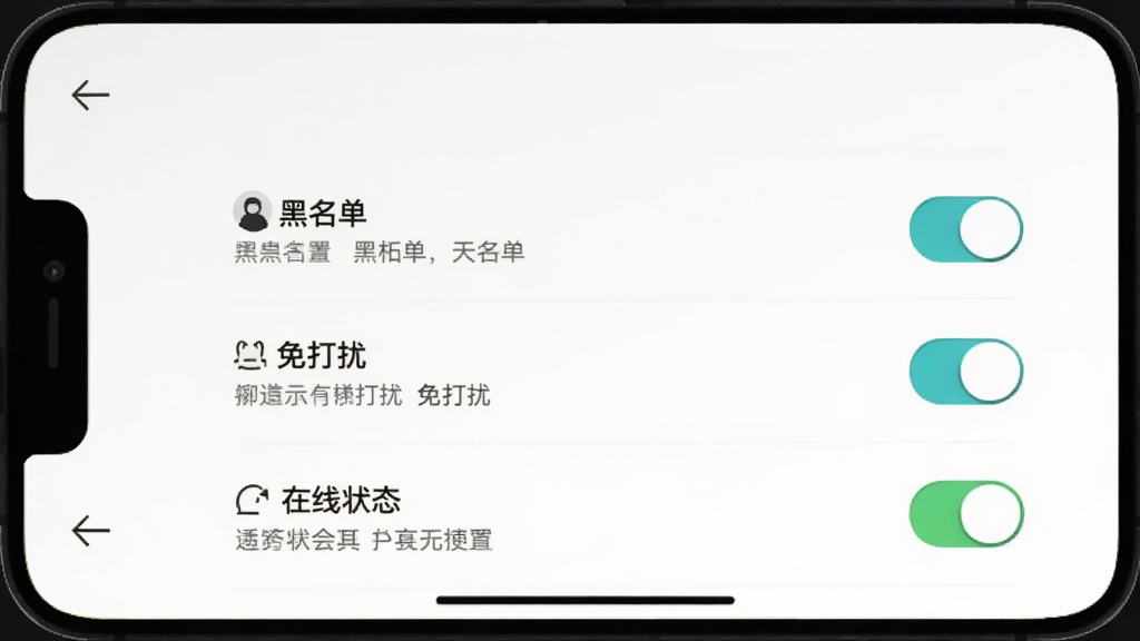 族聊隐私设置界面示意图,画面为手机屏幕内显示权限开关列表,包含黑名单、免打扰、在线状态等选项,布局为纵向列表,风格素雅极简,细节包括开关按钮、说明文字、返回箭头,画质清晰,干净,无多余元素
