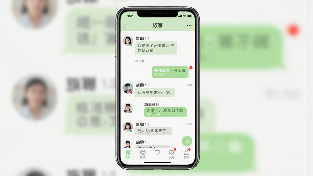 一张展示族聊软件主界面的手机预览图,画面中央是一部竖屏智能手机,屏幕内显示族聊聊天列表与底部导航栏,界面以白色和浅绿色为主色调,布局简洁清晰,风格现代扁平化,细节包括头像、消息气泡、未读红点,画质清晰,干净,无多余元素