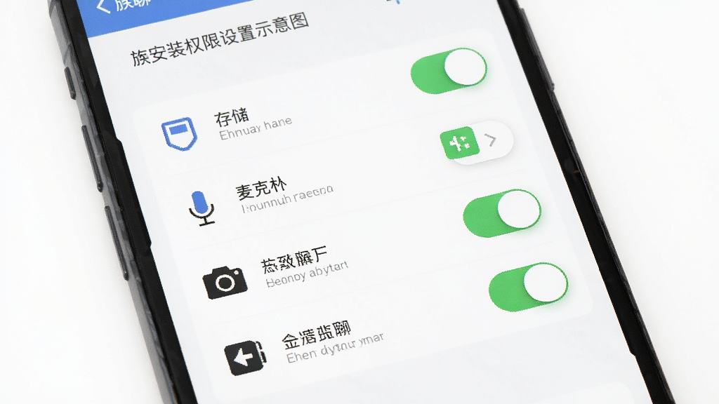 族聊安装权限设置示意图,画面为手机屏幕显示应用权限管理页面,包含存储、麦克风、相机等开关选项,布局清晰,风格简约商务,细节包括权限图标、开关状态、提示文字,画质清晰,干净,无多余元素