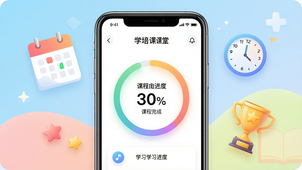 一张展示“学培课堂”学习进度跟踪功能的图片,画面中央是一个手机屏幕,屏幕上显示着学习进度环形图和课程完成百分比,屏幕旁边漂浮着日历、时钟和奖杯图标,布局为左右分栏式,风格为明亮活泼的UI展示风格,细节包括清晰的数字标注和柔和的色彩过渡,画质锐利干净,无多余元素