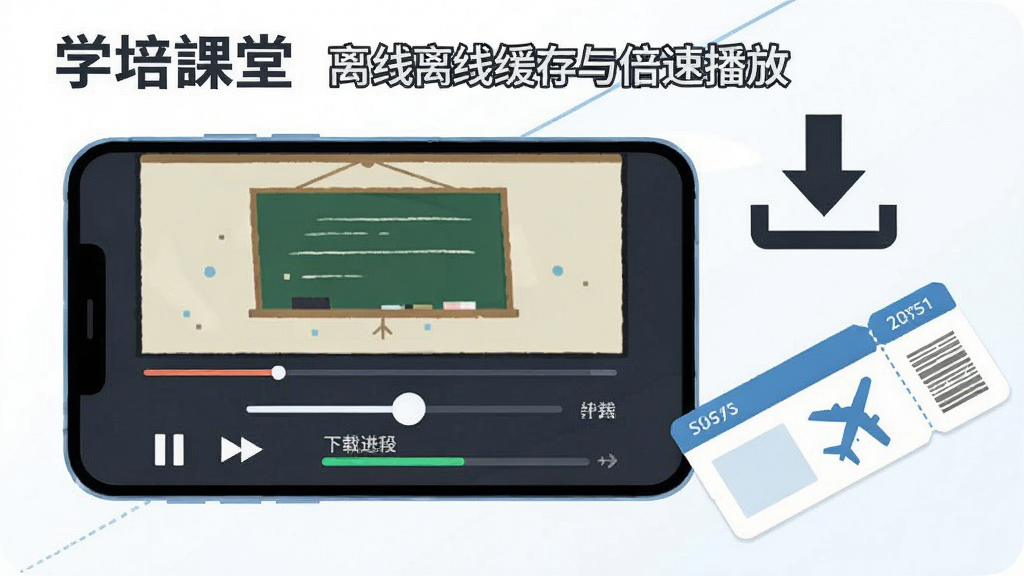 一张展示“学培课堂”离线缓存与倍速播放功能的图片,画面主体是一部手机横屏播放课程视频,屏幕下方显示倍速调节滑块和下载进度条,手机旁边有一个向下箭头的下载图标和一张飞机票,布局为对角线构图,风格为扁平化矢量插画,细节包括清晰的播放控制按钮和进度指示,画质清晰干净,无多余元素