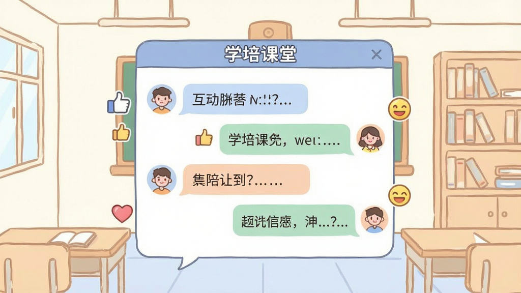 一张展示“学培课堂”互动问答社区的图片,画面中央是一个聊天对话框样式的界面,里面有多条用户提问和回复气泡,气泡周围有点赞和表情图标,背景是教室或图书馆的简笔轮廓,布局为居中聚焦式,风格为友好亲切的卡通扁平风格,细节包括清晰的文字气泡和柔和的配色,画质干净明亮,无多余元素