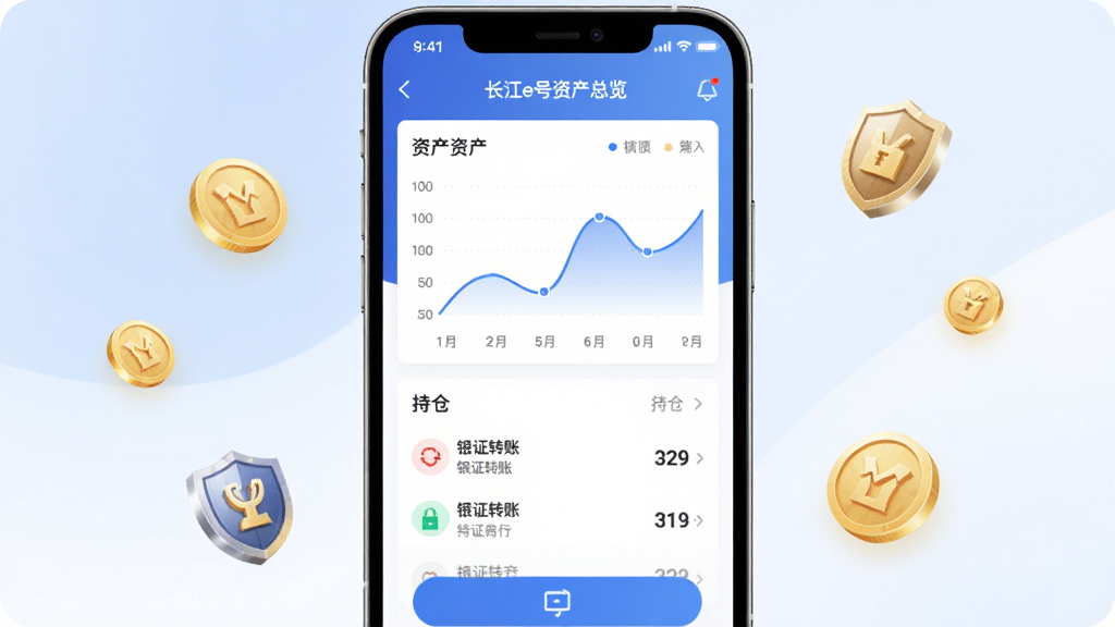 手机界面展示长江e号资产总览页,屏幕上有资产曲线图、持仓列表和银证转账入口,周围环绕金币和盾牌图标,背景为柔和的蓝白渐变,布局居中,风格稳重可靠,细节突出数字和图表,画质清晰,干净,无多余元素
