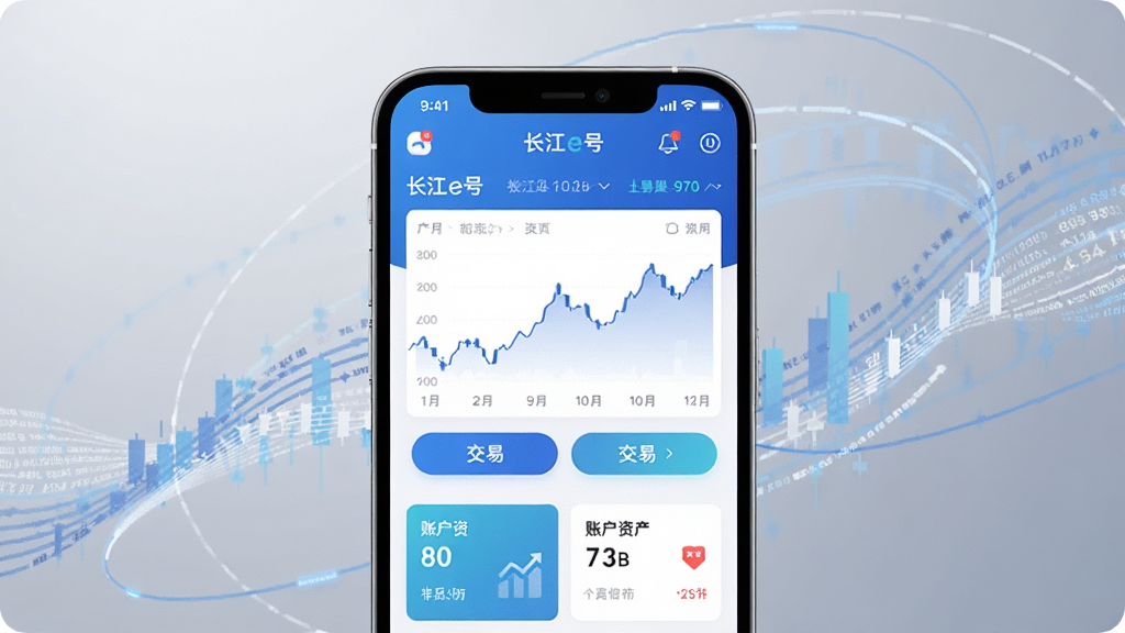 画面中央是一部智能手机,屏幕上显示长江e号应用主界面,界面包含行情走势图、交易按钮和账户资产卡片,手机周围环绕蓝色与白色的金融数据线条,背景为简洁的浅灰色渐变,布局居中对称,风格现代商务,细节清晰展示应用图标和界面元素,画质高清,干净,无多余元素