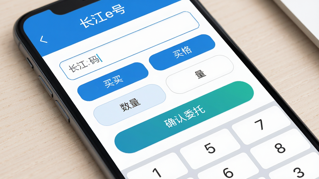 手机屏幕特写,显示长江e号交易下单界面,包含股票代码输入框、买卖价格、数量按钮和确认委托按钮,界面以白色和蓝色为主,背景为干净的浅色桌面,布局清晰,风格扁平化金融应用,细节展示按钮圆角和数字键盘,画质高清,干净,无多余元素