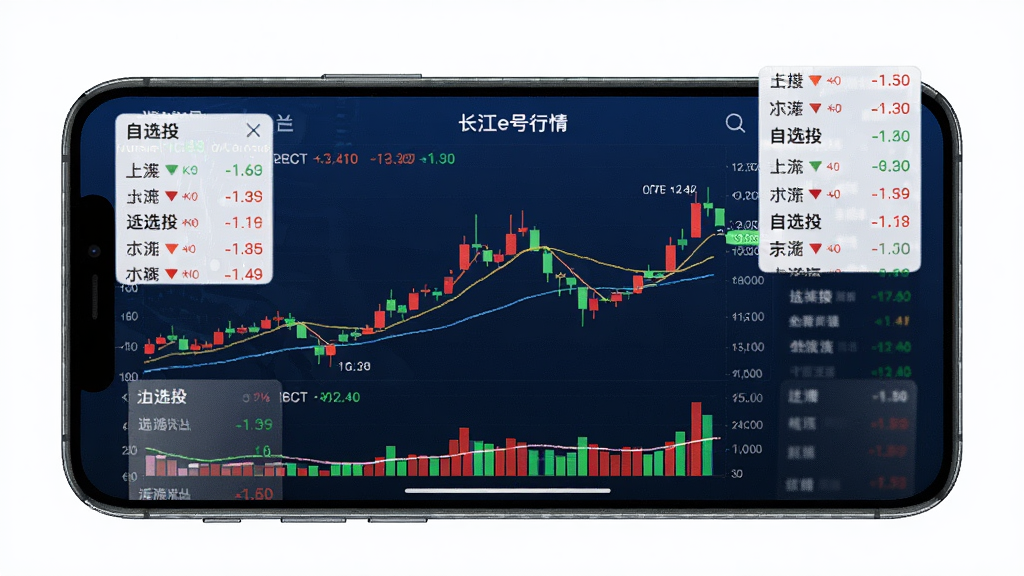 一部手机横屏展示长江e号行情页面,屏幕中央是红绿相间的K线图,四周漂浮着自选股列表和涨跌幅数字,背景为深蓝色科技感渐变,布局以手机为中心,风格简洁专业,细节突出K线、均线和成交量柱,画质清晰,干净,无多余元素