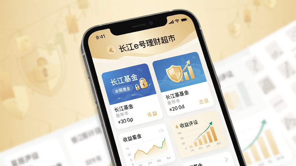 手机屏幕显示长江e号理财超市页面,界面排列着基金卡片和收益凭证产品,配有盾牌和图表元素,背景为浅金色与白色搭配,布局整齐,风格亲民易懂,细节展示产品名称和收益率数字,画质高清,干净,无多余元素
