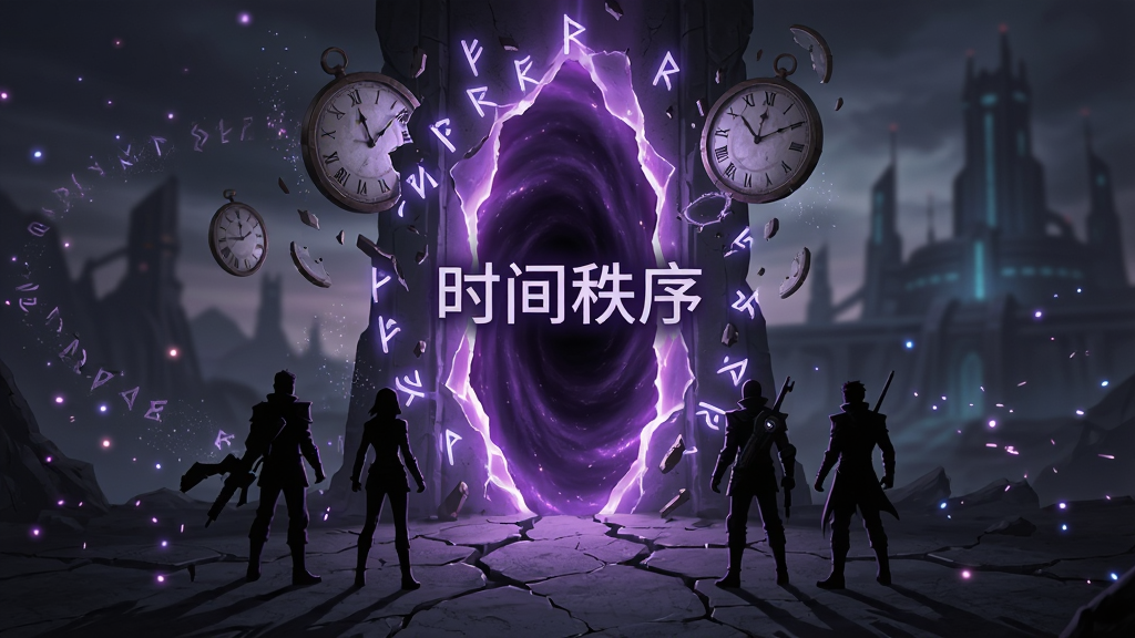 一张展示时空裂隙副本入口的游戏概念图,画面中央是一道撕裂空间的紫色裂隙,裂隙周围漂浮着破碎的钟表盘与发光符文,两侧站立着准备进入的玩家角色剪影,主体为裂隙与角色,布局采用纵向延伸构图,风格为暗黑科幻与奇幻融合,细节包括粒子光效、地面裂纹与远处模糊的基地建筑,画质高清,干净,无多余元素,画面中打文字“时间秩序”