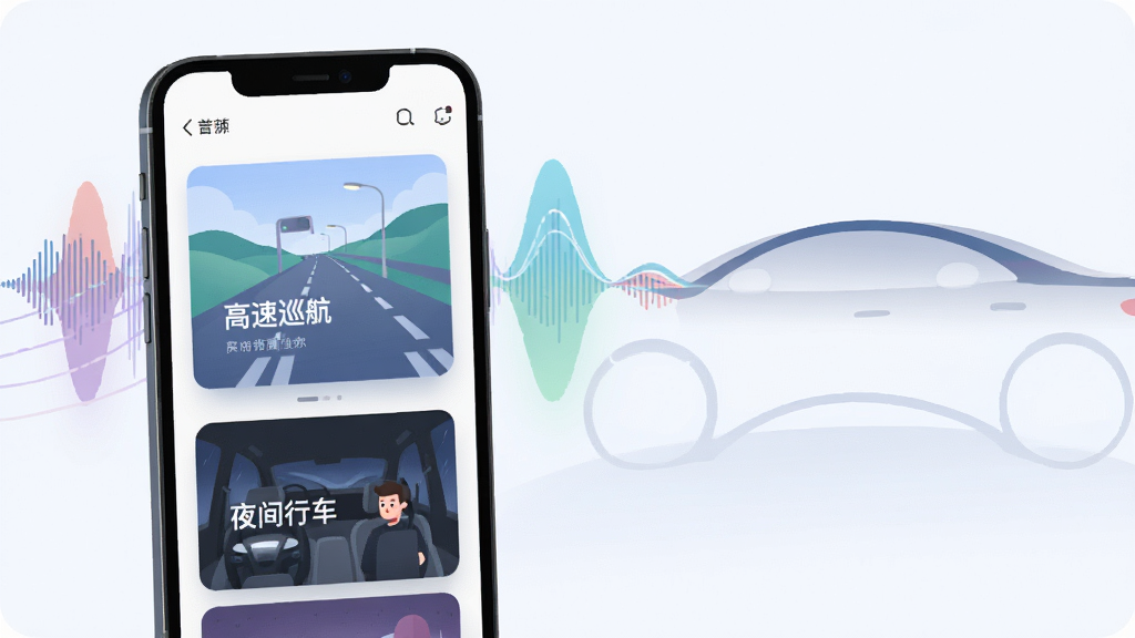 汽车音乐免费歌曲智能歌单推荐功能展示图,画面中手机屏幕显示多个场景化歌单卡片,卡片上标注“高速巡航”“夜间行车”等文字,背景为抽象音乐波形与汽车轮廓线条,风格为清新扁平化设计,细节柔和,画质干净,无多余元素