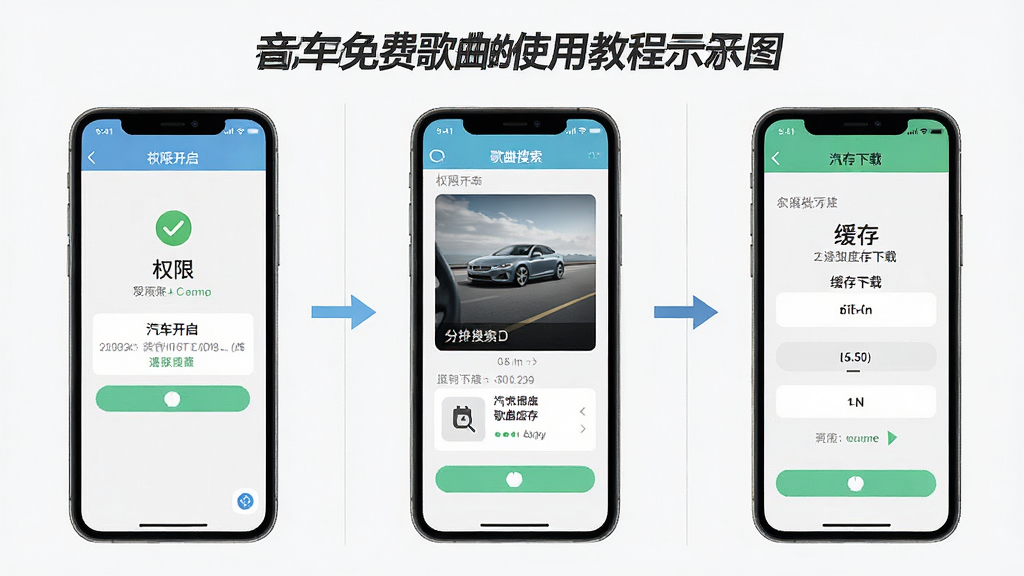 汽车音乐免费歌曲使用教程示意图,画面展示手机屏幕分步骤操作指引,包含权限开启、歌曲搜索、缓存下载三个步骤的界面截图拼接,风格为简洁教程风,文字标注清晰,画质干净,无多余元素