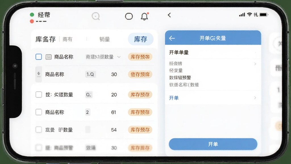 经营帮软件内进销存模块界面,主体为手机屏幕中的库存列表与开单页面,布局左右分栏展示,排版整齐,风格现代简约,细节包括商品名称、数量、单价和库存预警标签,画质清晰,干净,无多余元素