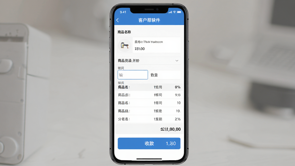 经营帮软件移动开单界面,主体为手机屏幕中的开单表单,布局从上到下依次为商品选择、数量输入和收款按钮,排版规整,风格实用清爽,细节包括客户名称、商品明细和合计金额,画质清晰,干净,无多余元素