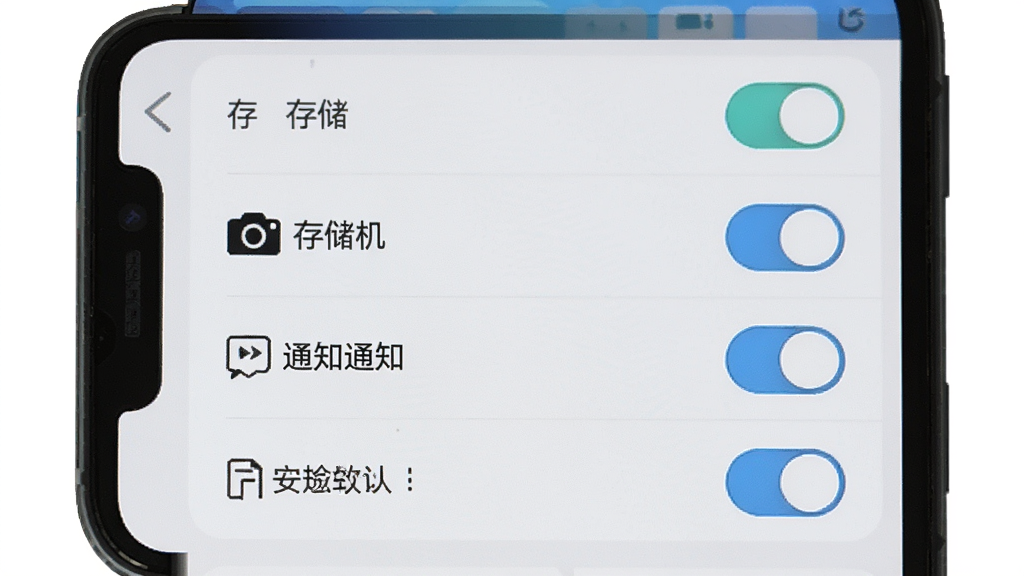 经营帮软件在新手手机上的设置权限界面,主体为手机屏幕中的权限管理列表,布局纵向排列,排版清晰,风格简洁实用,细节包括存储、相机、通知等权限开关,画质清晰,干净,无多余元素