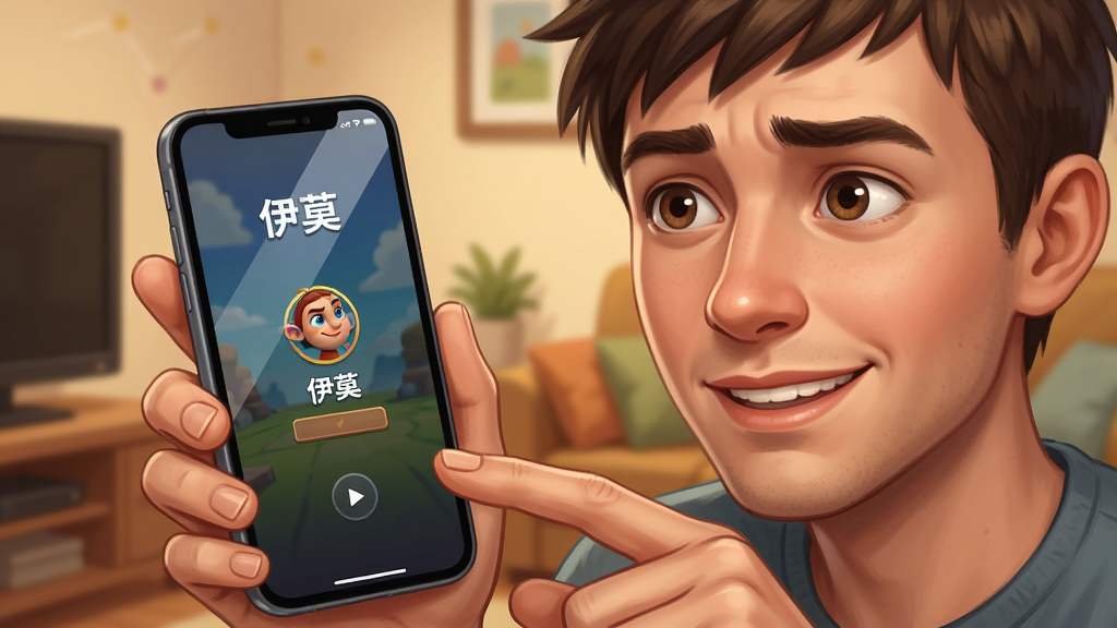 画面主体为一位新手玩家正拿着手机,手机屏幕显示“伊莫”游戏加载界面,玩家表情从困惑转为微笑。布局采用近景特写,背景为温馨的室内环境。排版突出人物与手机,风格为写实生活化插画。细节包含手机屏幕的反光与玩家手指的姿势,画质清晰干净,无多余元素。