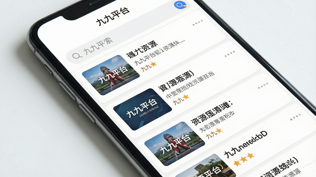 一幅展示九九平台资源丰富特点的图片,主体为手机屏幕显示九九平台的资源列表页面,布局为上下滚动式信息流,排版整齐有序,风格为清新简约的移动端UI风格,细节上每个资源条目配有缩略图和简短描述,顶部有搜索框,画面中可见“九九平台”字样,画质高清,画面干净,无多余元素