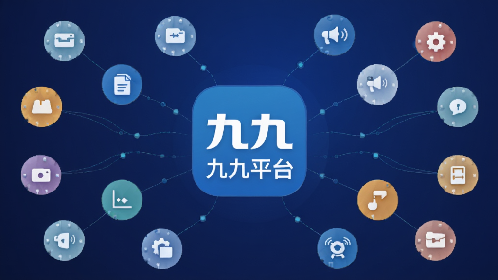 一幅展示九九平台功能聚合概念的插画,主体为九九平台的Logo悬浮在中心,周围环绕着代表不同功能的小图标,布局采用中心辐射式,排版对称均衡,风格为扁平化科技插画,细节上图标之间有细线连接,背景为深蓝色渐变,画面中标注“九九平台”文字,画质清晰,画面干净,无多余元素