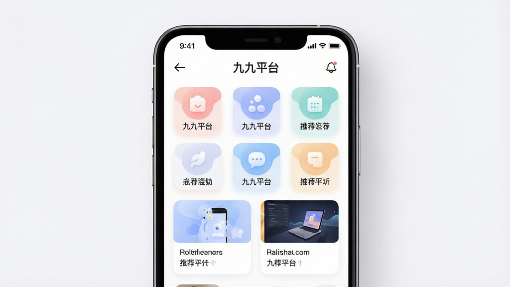 一张展示九九平台软件主界面的图片,主体为一部智能手机,屏幕上显示九九平台的首页布局,包含功能图标和推荐内容,布局简洁清晰,排版采用网格与卡片结合的方式,风格为现代科技感UI设计,细节上图标圆润、色彩柔和、文字标注“九九平台”,画质高清,画面干净,无多余元素