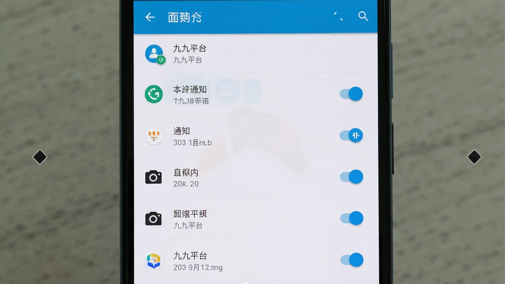 一张展示安卓手机设置界面的图片,主体为手机屏幕显示应用权限管理页面,布局为纵向列表,排版清晰,风格为原生安卓系统UI,细节上包含存储、通知、相机等权限开关,画面中标注“九九平台”应用名称,画质清晰,画面干净,无多余元素