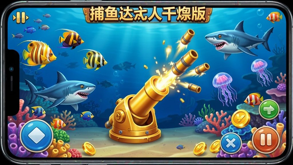 一款名为捕鱼达人千炮版的手机游戏画面,主体为深海场景中各种色彩斑斓的鱼类游动,中央有金色炮台发射炮弹,布局为横版全屏游戏界面,排版突出游戏主界面和操作按钮,风格为休闲街机游戏风格,细节包括热带鱼、鲨鱼、水母、珊瑚礁、金币特效,画质高清、干净、无多余元素
