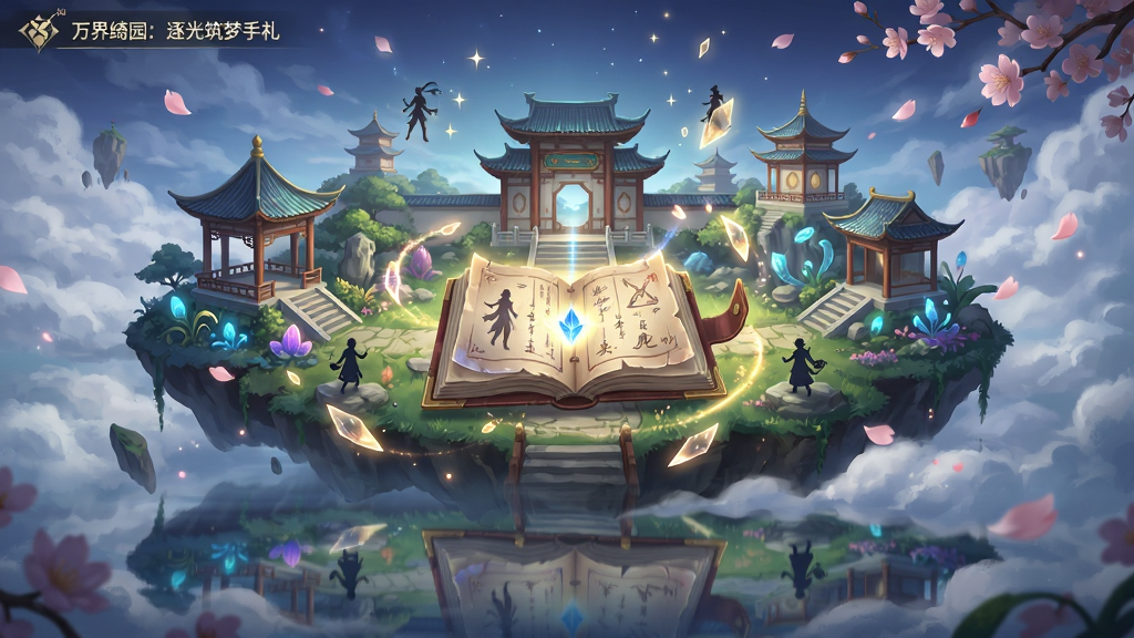 万界绮园:逐光筑梦手札 游戏主界面全景预览图,主体为一座悬浮于云海之上的东方幻想园林,亭台楼阁与发光植物交织,画面中央放置一本展开的发光手札,周围环绕光之碎片与角色剪影,布局采用中心对称式构图,风格为唯美东方幻想数字插画,细节包含花瓣飘落、星光粒子、水面倒影,画质高清干净无多余元素