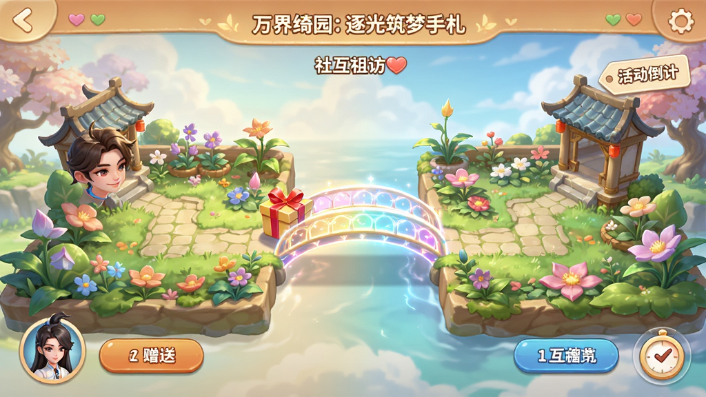 万界绮园:逐光筑梦手札 社交互访界面展示图,主体为两位玩家的园林相邻展示,中间有礼物盒与光之桥连接,布局采用左右对称式构图,风格为温馨明亮的社交游戏界面风格,细节包含好友头像框、赠送按钮、活动倒计时标签,画质高清干净无多余元素