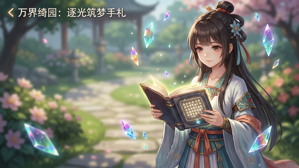万界绮园:逐光筑梦手札 光之收集界面展示图,主体为一位身着东方幻想服饰的少女角色手持发光手札站在园林小径上,周围漂浮着各色光之碎片,布局采用三分法构图,风格为清新唯美二次元插画,细节包含手札页面上的文字微光、碎片折射的虹彩、背景虚化的花丛,画质高清干净无多余元素