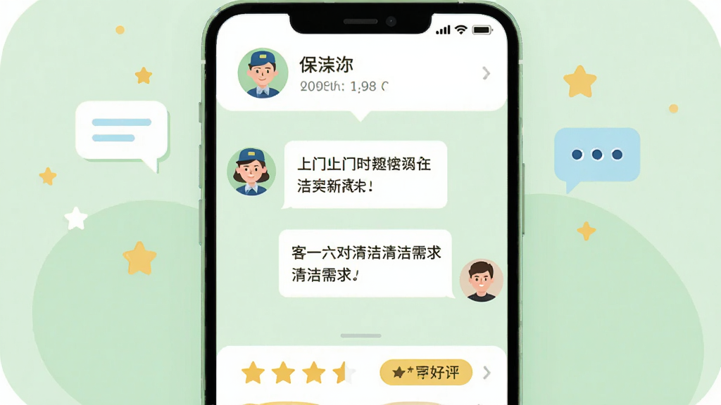 手机屏幕展示小趣保洁APP的聊天界面,左侧是保洁员头像,右侧是客户头像,对话气泡中讨论着上门时间和清洁需求;屏幕上方显示客户昵称和订单信息,下方有评价星级和好评标签;背景为柔和的浅绿色,点缀着对话气泡和星星图标;风格扁平化插画,布局清晰,画质干净,无多余元素。