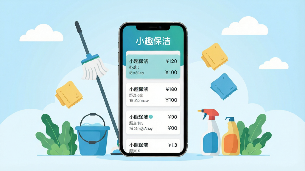 画面中央一部智能手机竖屏展示,手机屏幕内呈现小趣保洁APP的订单列表界面,界面以蓝绿色为主色调,顶部显示“小趣保洁”四个白色文字,下方排列着多个保洁订单卡片,卡片上标注着距离、价格和服务类型;手机周围环绕着保洁工具图标,如拖把、水桶、抹布、清洁剂瓶等,以扁平化插画风格呈现;背景为柔和的浅蓝色渐变,点缀着几朵白云和绿色植物;整体布局居中对称,风格清新简约,细节干净利落,画质高清,无多余元素。