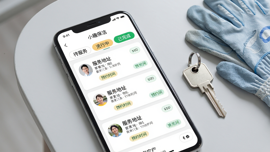 手机屏幕展示小趣保洁APP的订单管理页面,页面顶部有“待服务”“进行中”“已完成”三个标签页,下方列表展示多个订单卡片,每个卡片带有客户头像、服务地址、预约时间和状态标签;手机旁放着一把钥匙和一副手套,背景为浅灰色桌面;整体风格干净整洁,布局清晰,画质高清,无多余元素。