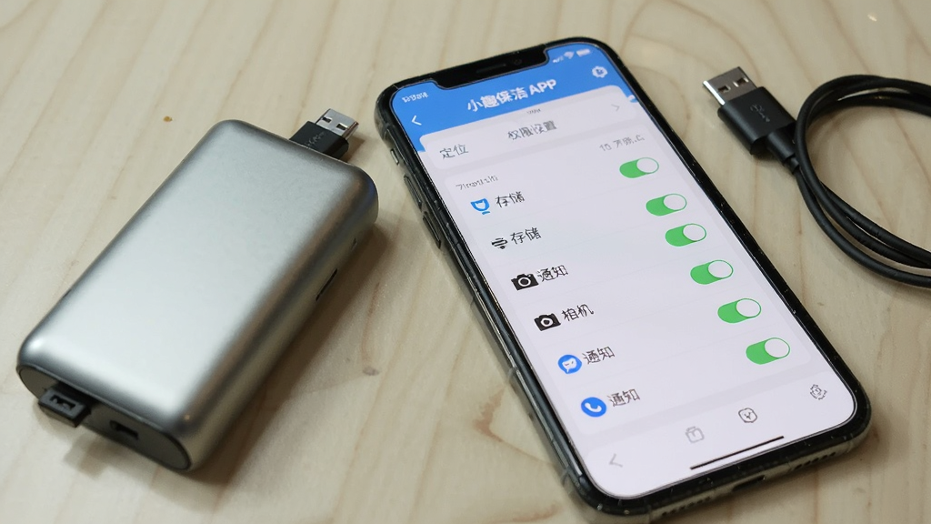 一部手机屏幕显示小趣保洁APP的权限设置页面,页面上列出定位、存储、相机、通知等权限开关,其中定位和通知权限已打开显示绿色;手机旁边放着一个充电宝和数据线,背景是浅色桌面;风格简洁实用,布局清晰,画质干净,无多余元素。