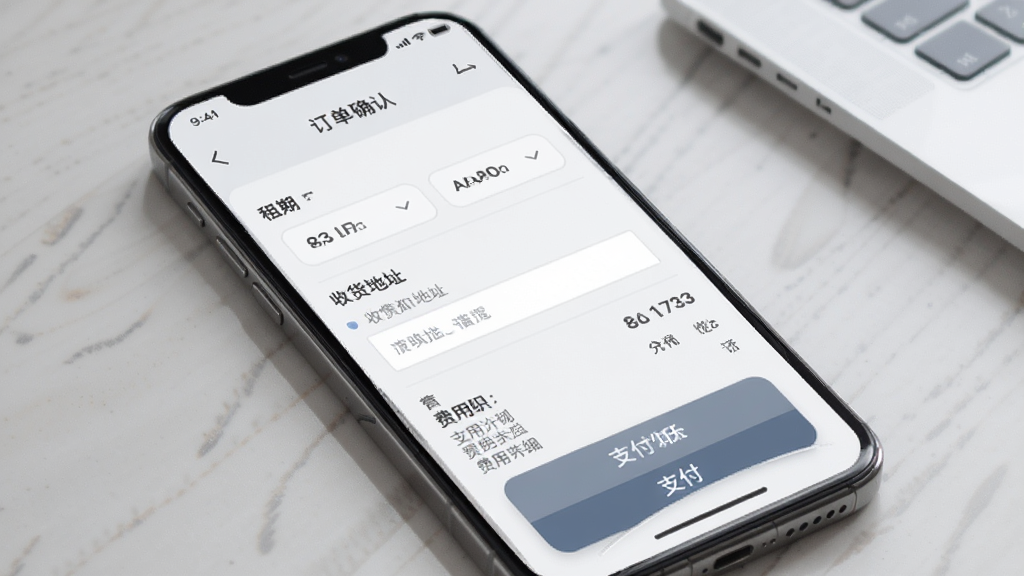 己悦己租赁下单流程界面,手机屏幕展示订单确认页面,包含租期选择、收货地址填写、费用明细和支付按钮,界面排版清晰,按钮醒目,风格简约商务,浅灰色调,干净整洁,高清画质