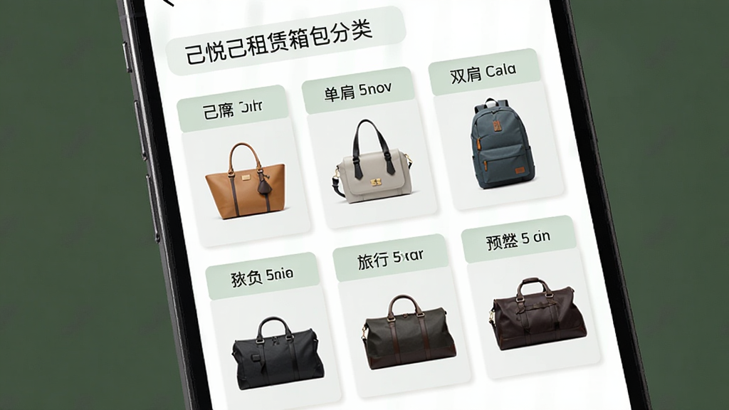 己悦己租赁箱包分类页面,手机屏幕展示多个箱包品类标签,包括手提包、单肩包、双肩包、旅行包等,每个标签下方有对应的包包缩略图,布局采用网格排列,风格清新浅色,细节清晰,画面干净,高清画质