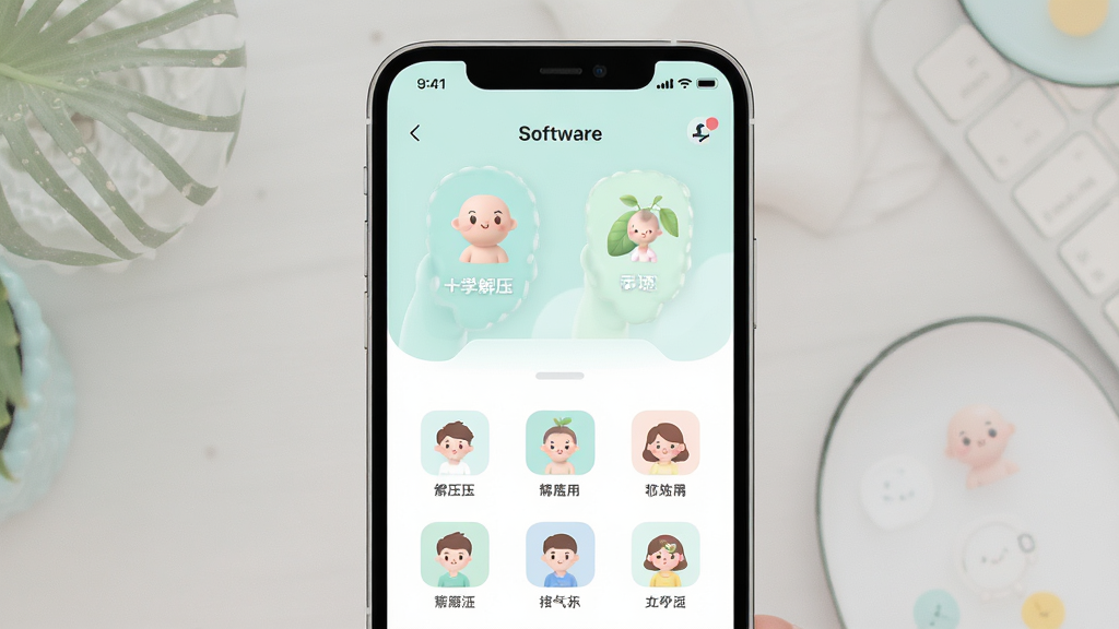 一张展示脑袋大解压清新界面的图片,主体是手机屏幕显示软件主页面,布局为全屏展示,排版简洁,风格为清新浅色系,细节包括柔和的背景色和可爱的图标,画质高清,干净,无多余元素