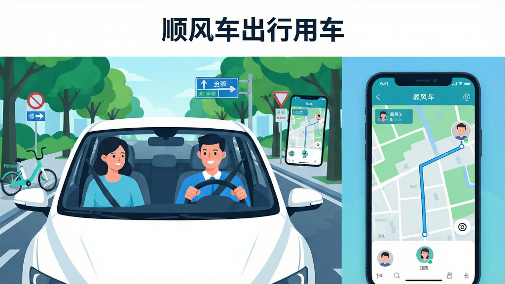 画面主体为一辆白色家用轿车行驶在绿树成荫的城市道路上,车内前排司机与后排乘客微笑交谈,手机屏幕悬浮显示顺风车出行用车APP的拼车界面;布局采用左右分屏,左侧为车辆实景,右侧为手机界面特写;排版简洁,上方留白处放置软件名称“顺风车出行用车”;风格为现代扁平化插画,色彩以蓝绿为主调,明亮清新;细节包括路边的共享单车、交通指示牌、手机界面上的地图路线与头像;画质清晰,干净,无多余元素。